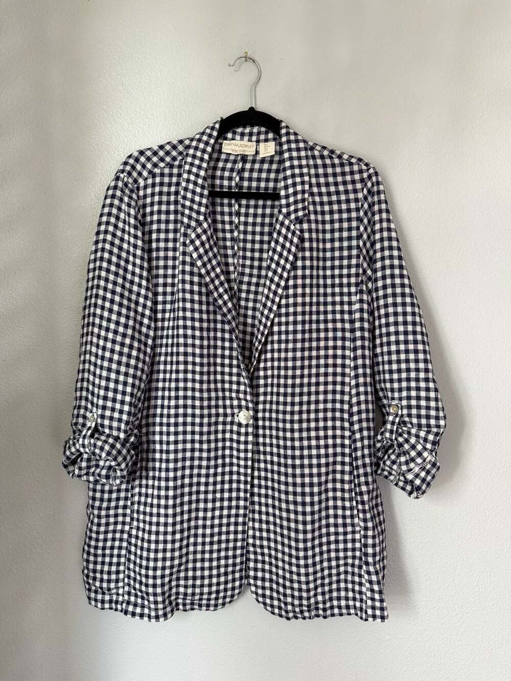 Cynthia Rowley Gingham Linen Blazer Size L Blue White 100% Linen